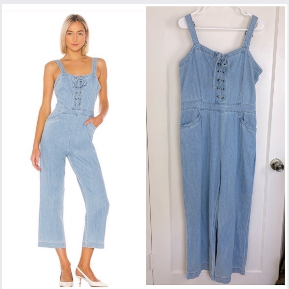 PAIGE November Sleeveless Lace-Up Jumpsuit Denim Chambray Overalls size Large